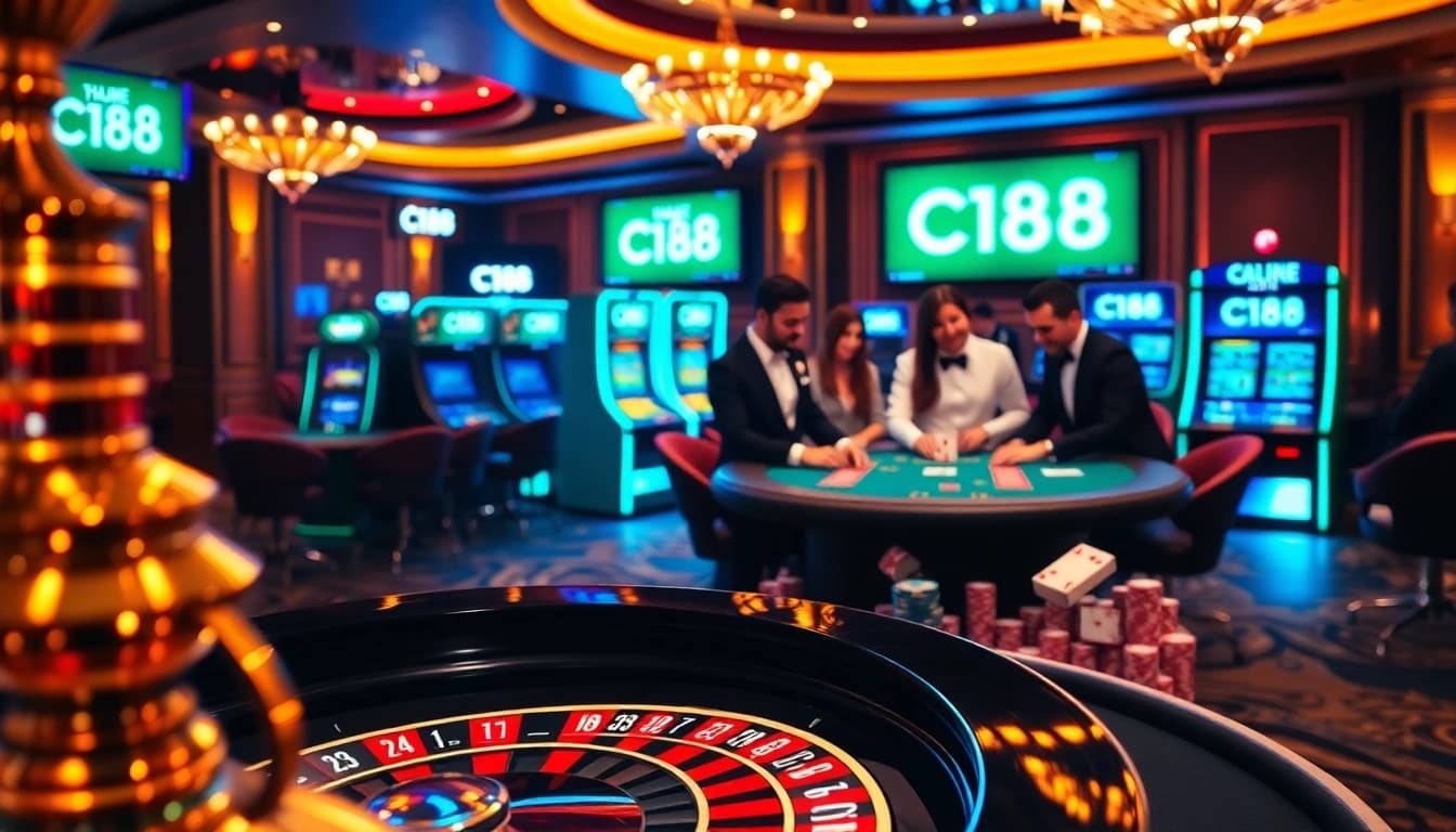 Experience the thrill of winning with C168 at a vibrant casino scene featuring roulette and poker tables.