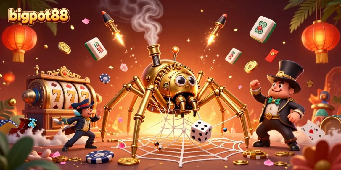 Engage with the exciting bigpot88 slots experience featuring steampunk characters, poker chips, and vibrant gaming elements.