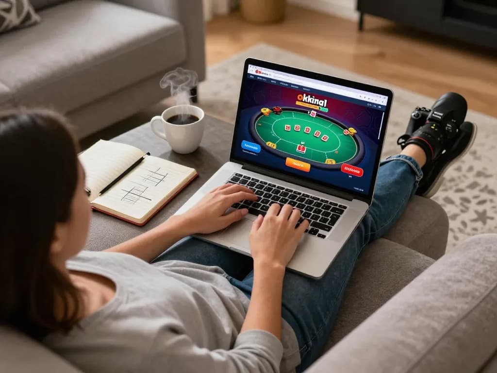 A player engaging in the okking1 online casino experience from home, highlighting a poker game on their laptop.