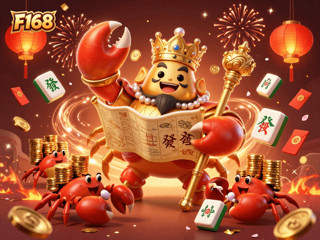 Experience thrilling moments at F168 with the majestic golden crab emperor ruling over a treasure-filled casino landscape.