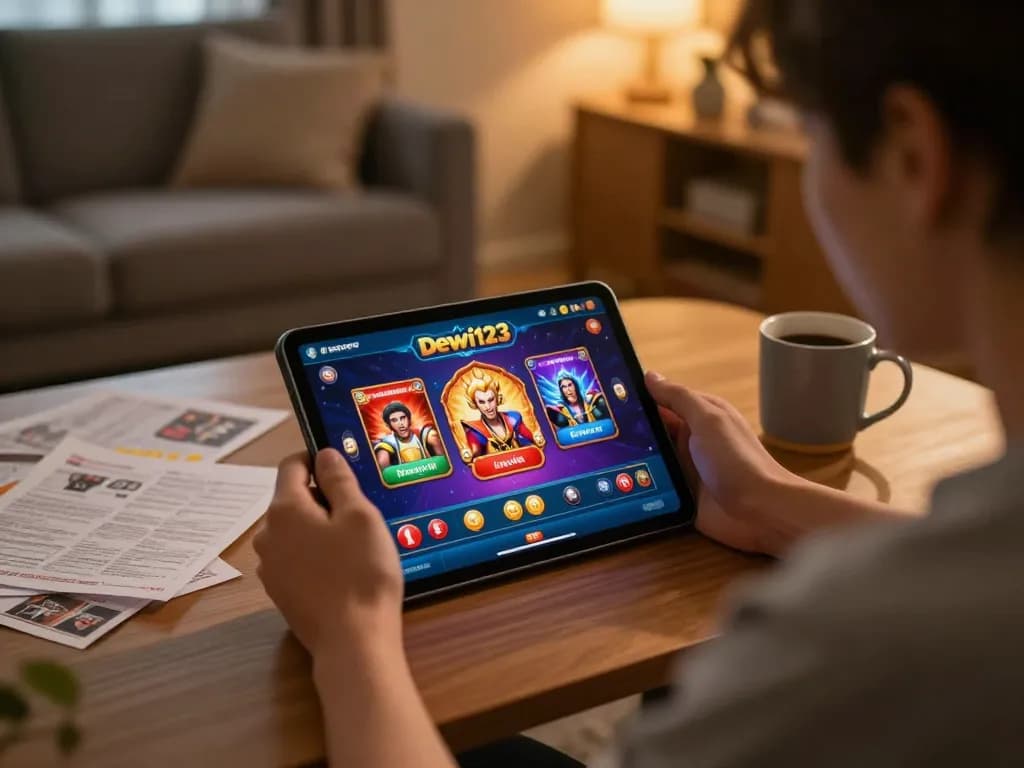 Memainkan aplikasi kasino dewi123 di tablet di ruang tamu yang nyaman, menampilkan pengalaman gaming online yang menarik