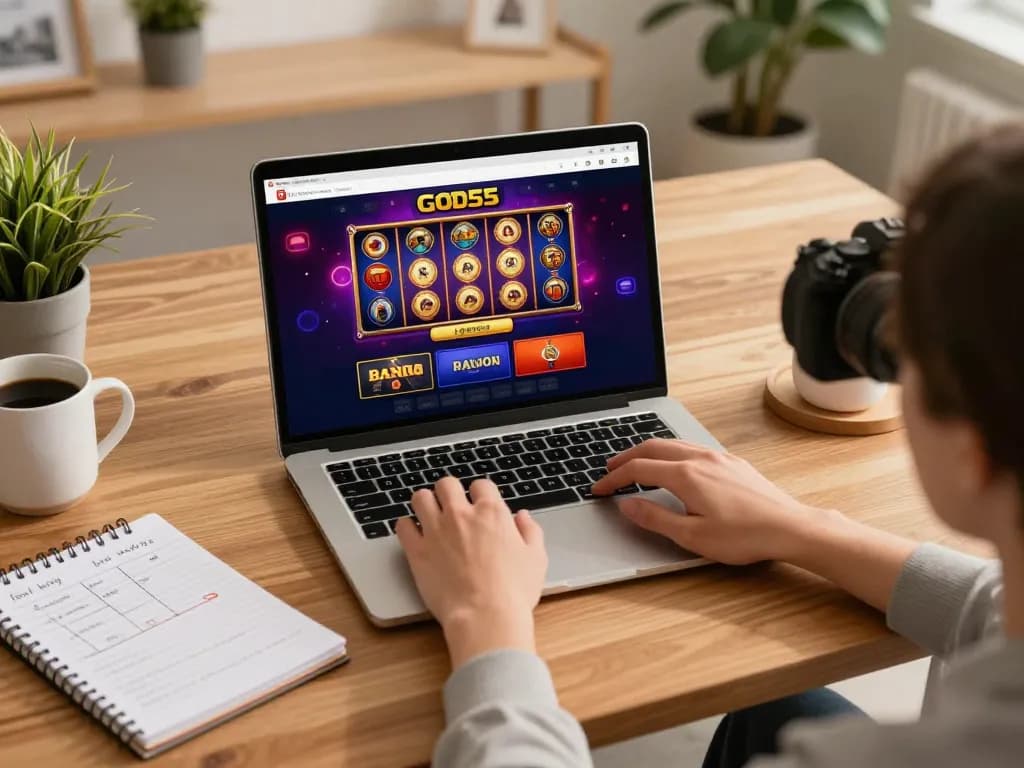 Engaging online gaming moment with God55 interface on laptop, showcasing responsible gambling.