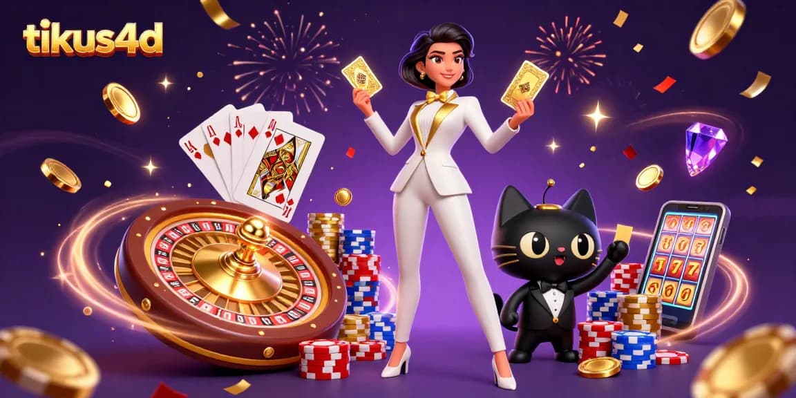 Experience the excitement of tikus4d with a glamorous woman shuffling cards, surrounded by vibrant casino elements.