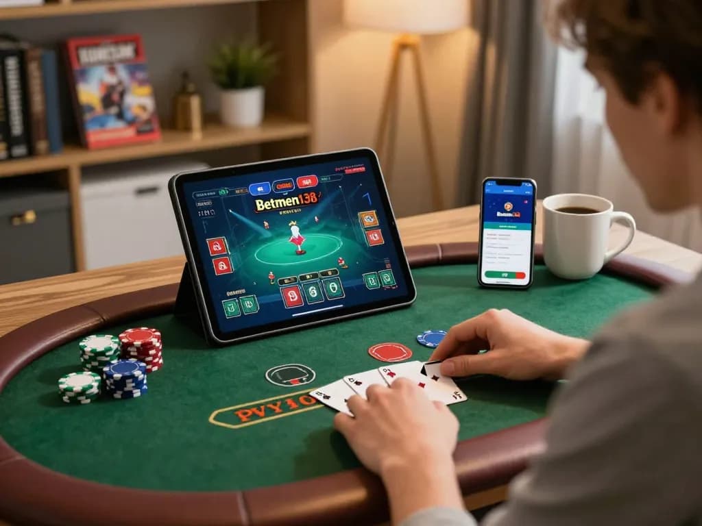 Betmen138 player strategizing during online blackjack at home with cozy decor and tech setup