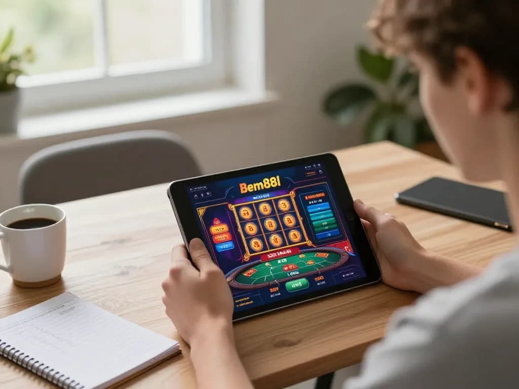 Person enjoying online gaming on bem88l casino app, showcasing responsible entertainment at home.