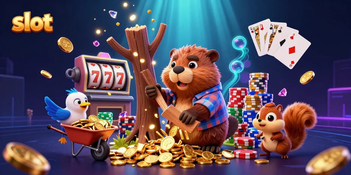 Raih jackpot slot dengan menggambar beaver mengumpulkan koin emas dalam skema kasino yang meriah.