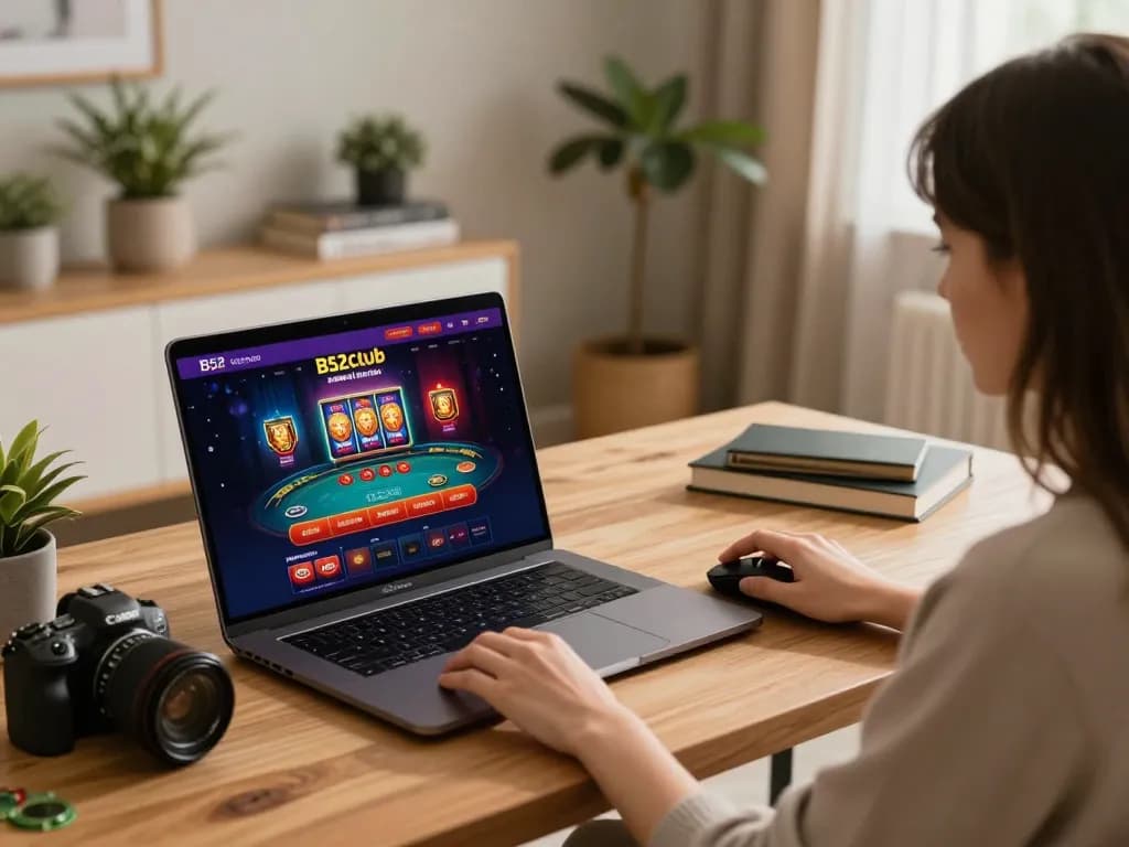 B52club player engaging in strategic poker game at home, promoting responsible gambling.
