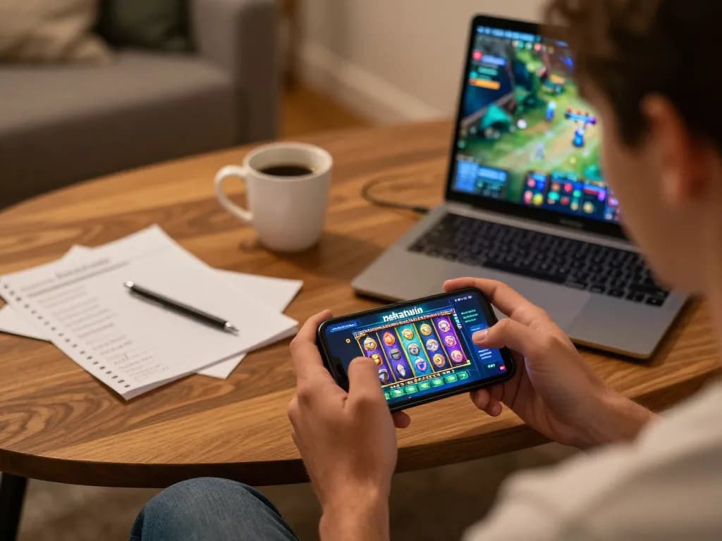 Engaging gameplay on slot nekatwin app displayed on smartphone in cozy home setting.