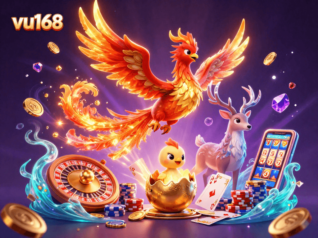 Win big with vu168 as a phoenix and stag soar among sparkling games and coins.
