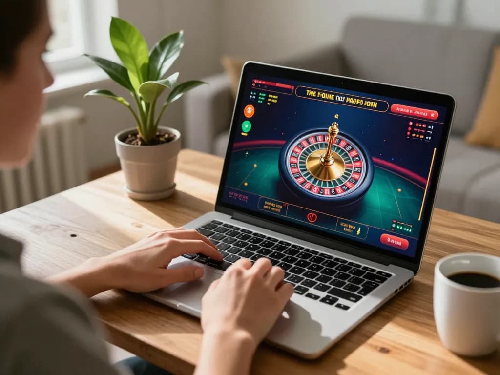 Kuwin player engaging in live dealer casino gameplay on laptop in cozy home setting