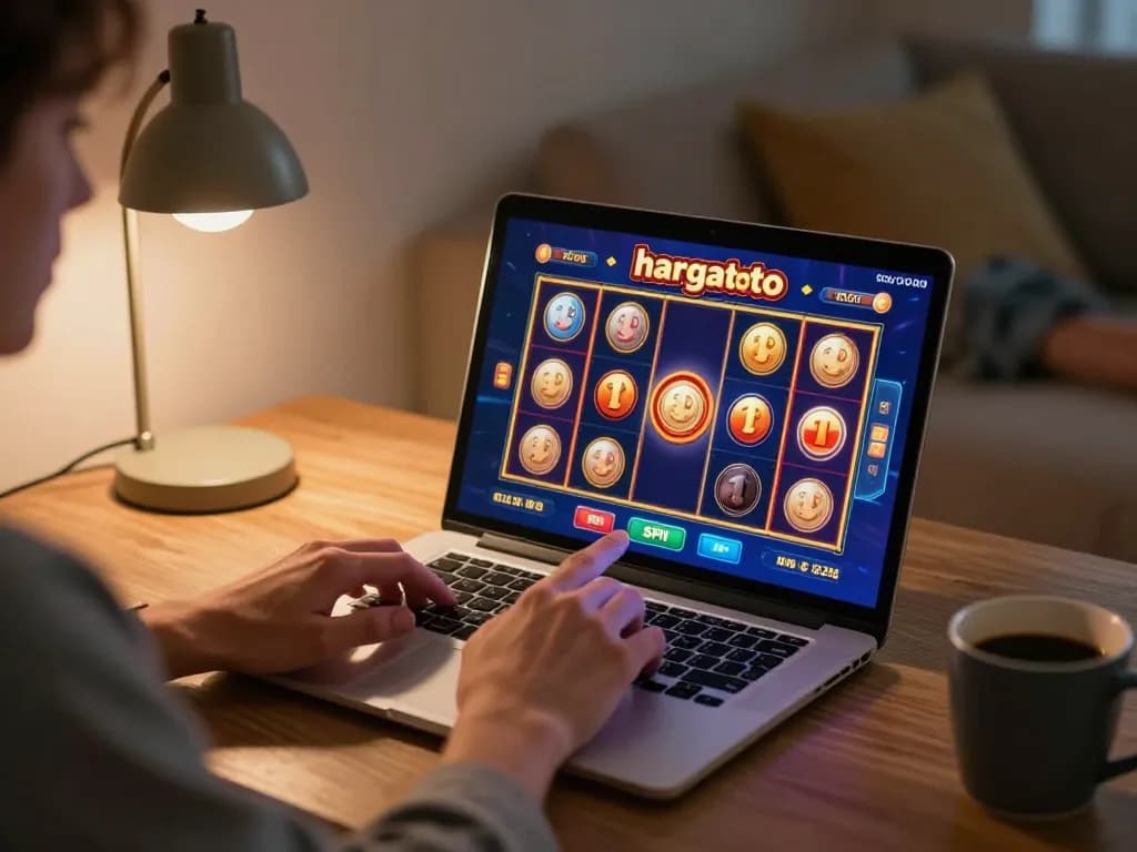 Pemain menikmati permainan slot hargatoto di laptop dalam suasana rumah yang nyaman.