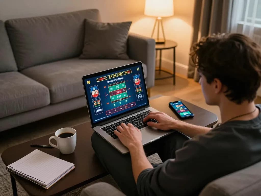 MMOO online gaming setup with player engaging in live casino games on a laptop, showcasing responsible gambling.