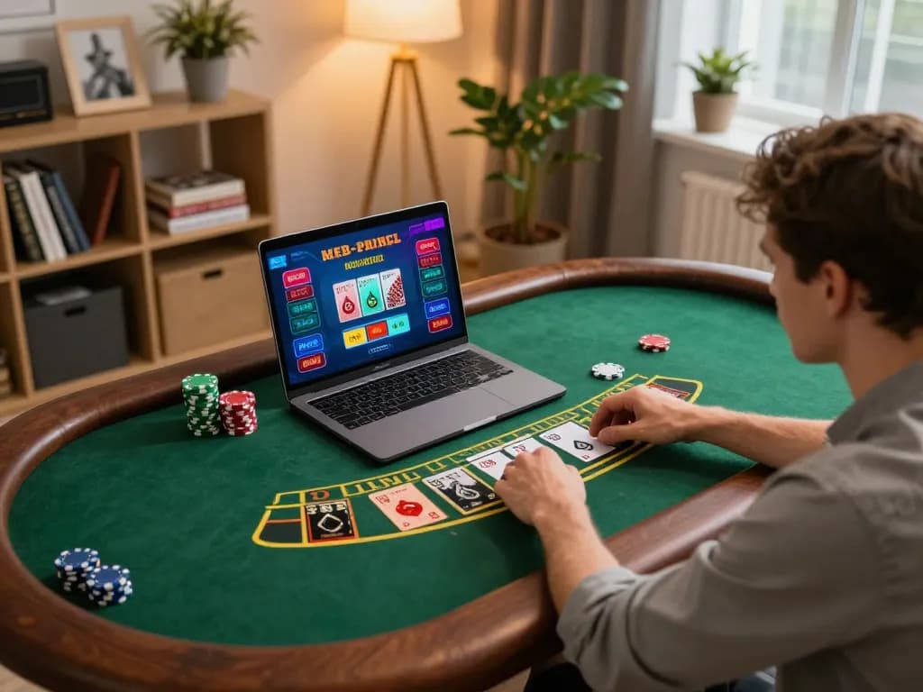 Engaged player at home experiencing open 88 online blackjack, showcasing strategic gameplay.