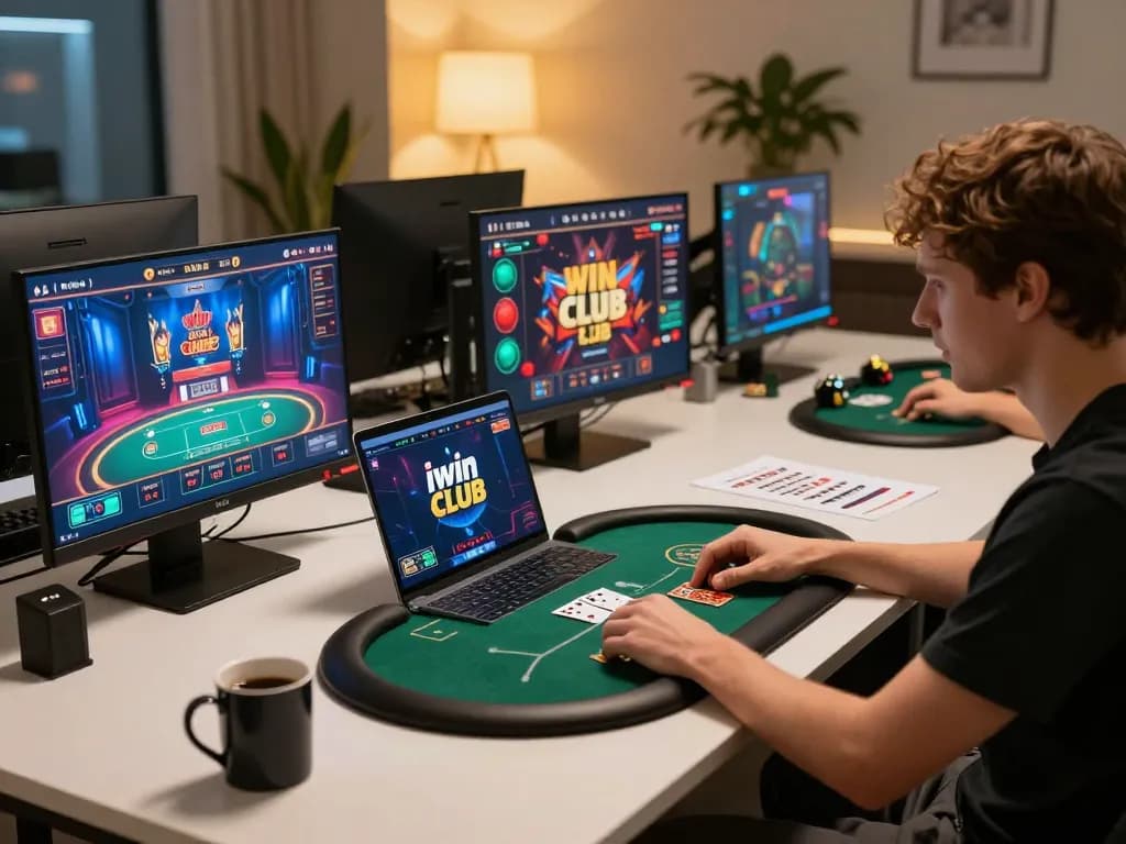 Engaging in intense iwin club poker gameplay on a laptop in a cozy modern gaming setup