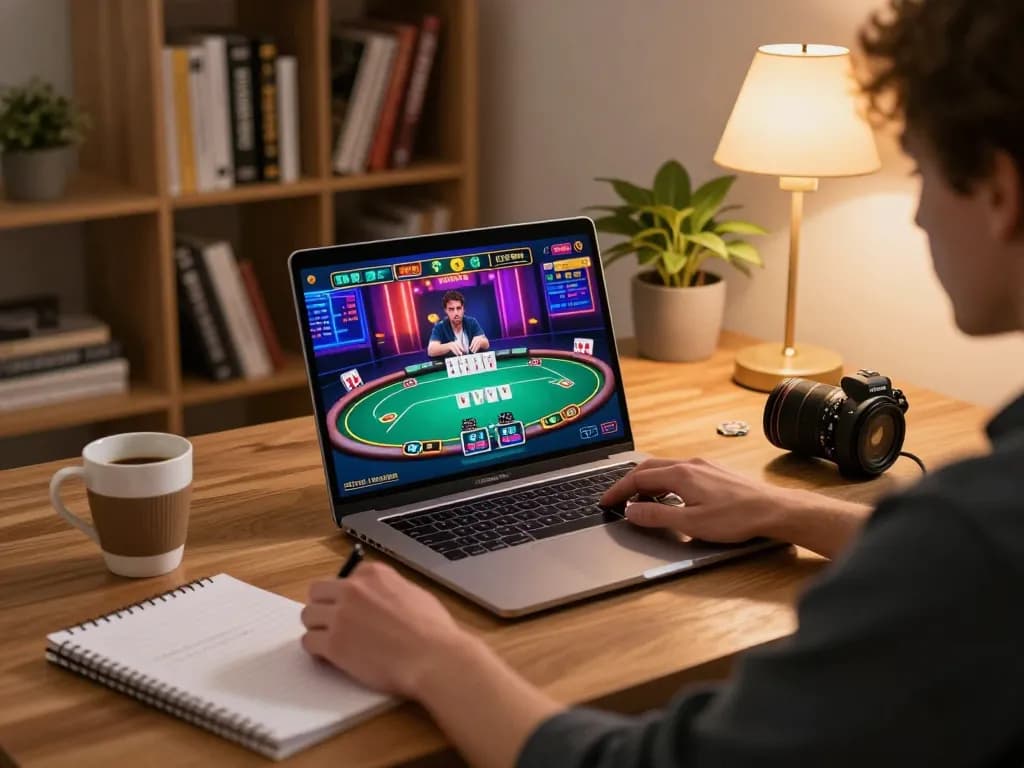 Engaged player exploring nhà cái kuwin through an online poker game on a laptop.
