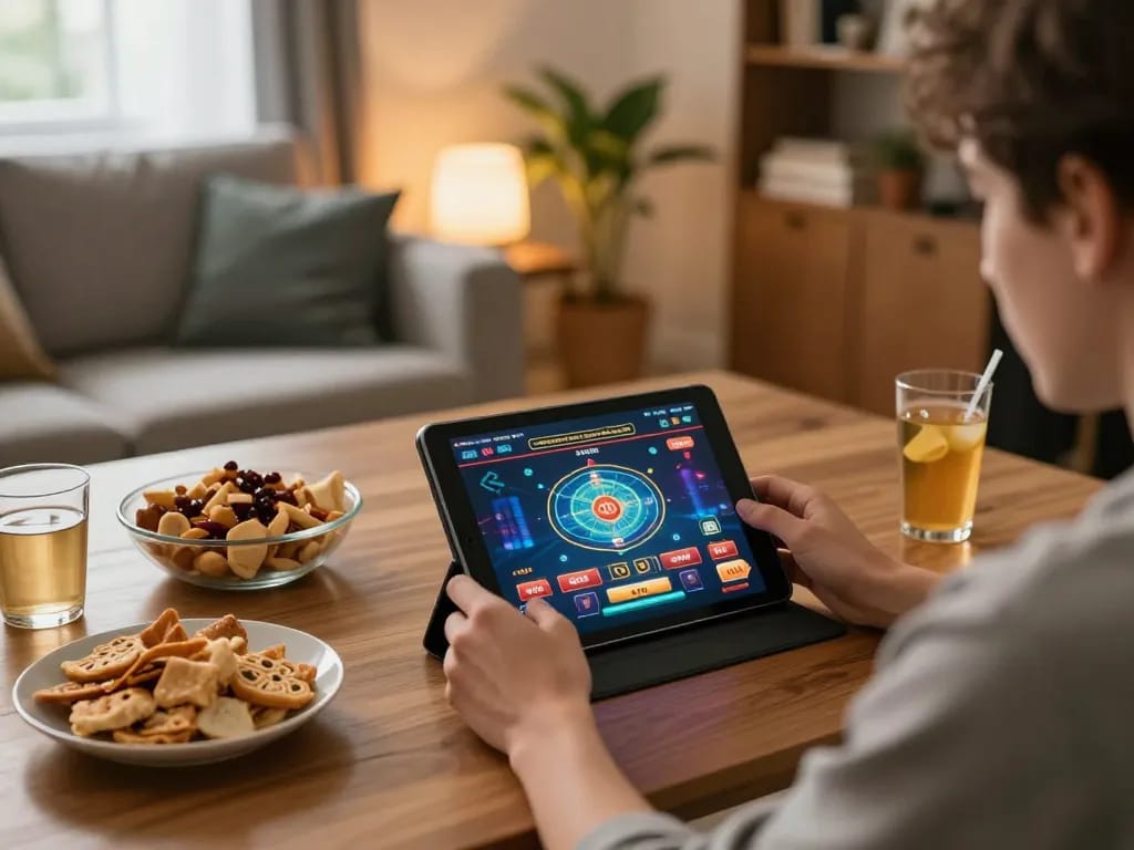 Engaging online gaming experience at home with ทางเข้า m107 on the tablet for casino fun.