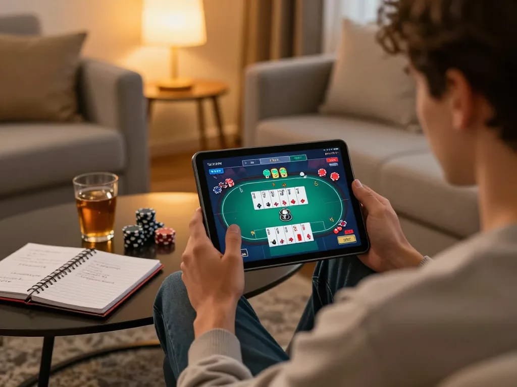 Play poker strategically with LV88 on a tablet at home, showcasing a personal gaming experience.