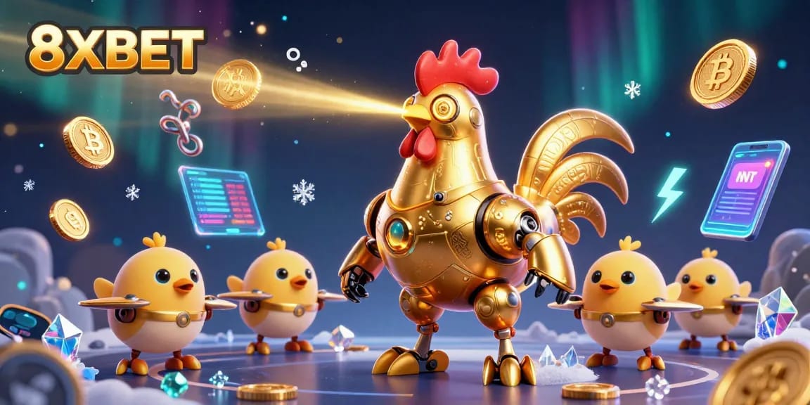 Experience the vibrant 8XBET casino world, where a golden rooster robot leads baby chick drones amidst glowing crypto elements.
