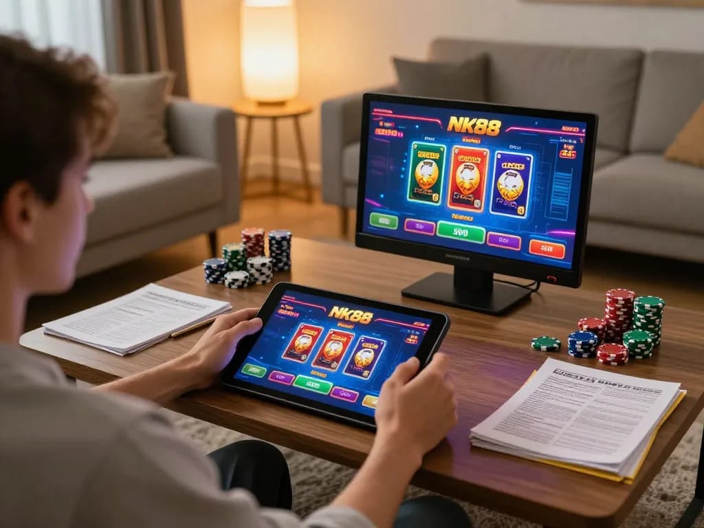 Engaging in nk88 casino gaming on a tablet in a cozy home environment