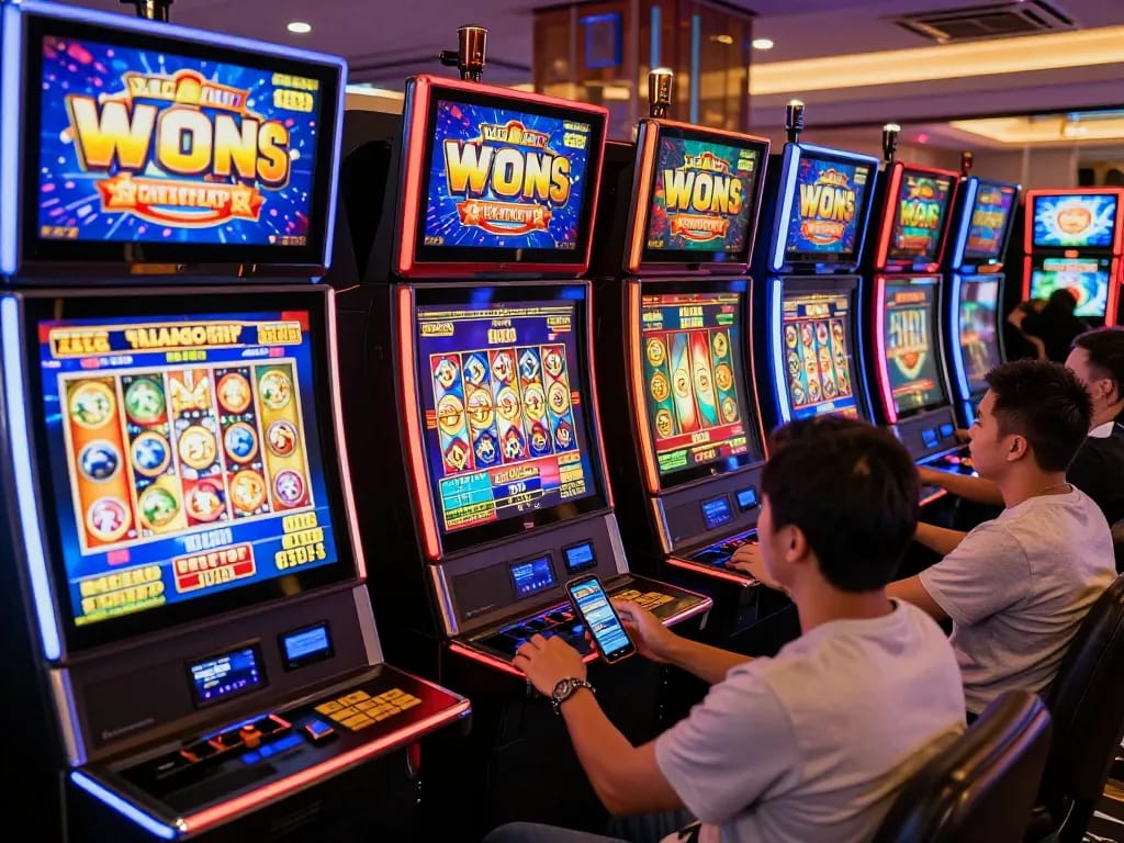 Pemain yang terlibat mengalami Slot Demo PG Soft Lengkap di kasino online yang semarak, menampilkan slot berwarna-warni.