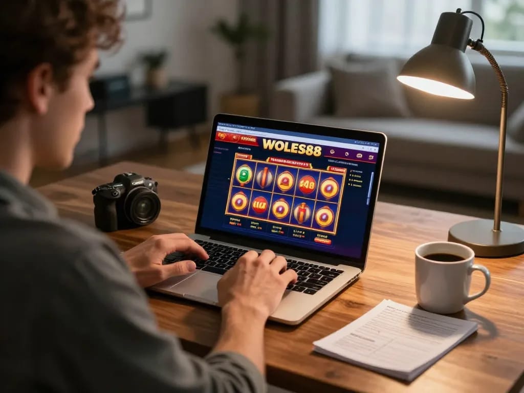 Permainan kasino online WOLES88 dengan slot yang berputar dan pemain yang fokus menikmati pengaturan rumah yang nyaman.