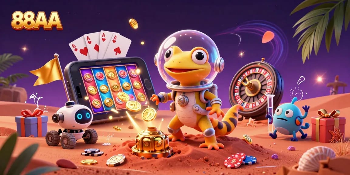 88AA showcases a Martian gecko exploring a golden casino, surrounded by dynamic gaming elements.