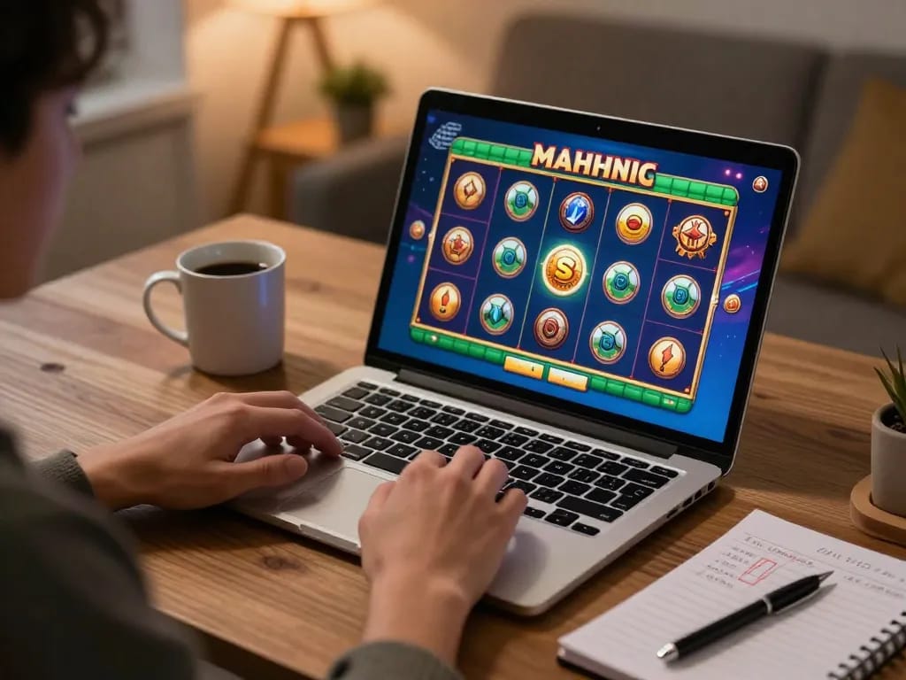 Engaging slot mahjong gameplay on a laptop, showcasing strategy and excitement in an online gaming setup.