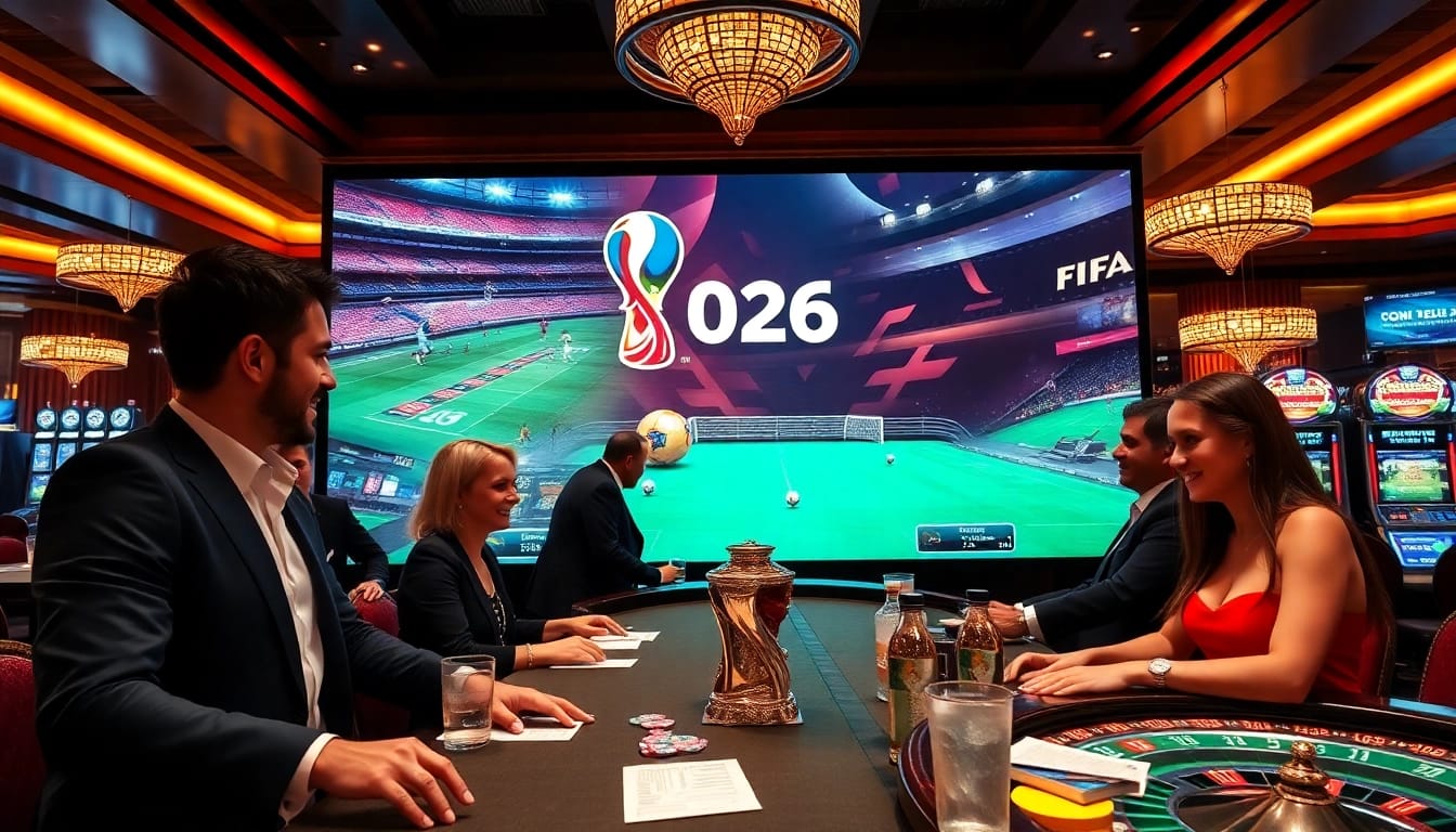 Excited bettors place wagers at an Agen Judi Bola lounge during FIFA World Cup 2026.