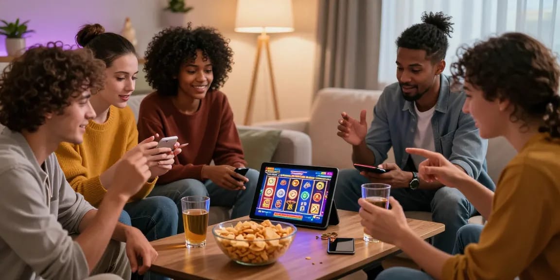 Friends enjoying new online casinos UK games on a tablet in a cozy living room.
