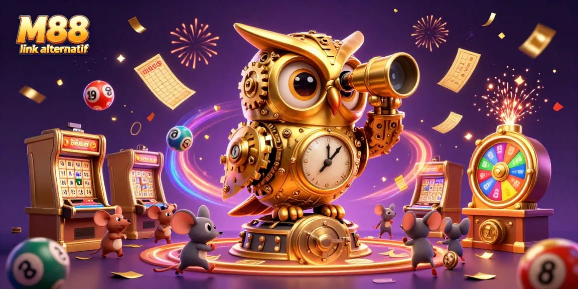 Engage with M88 link alternatif using vibrant lottery elements and a whimsical casino atmosphere.