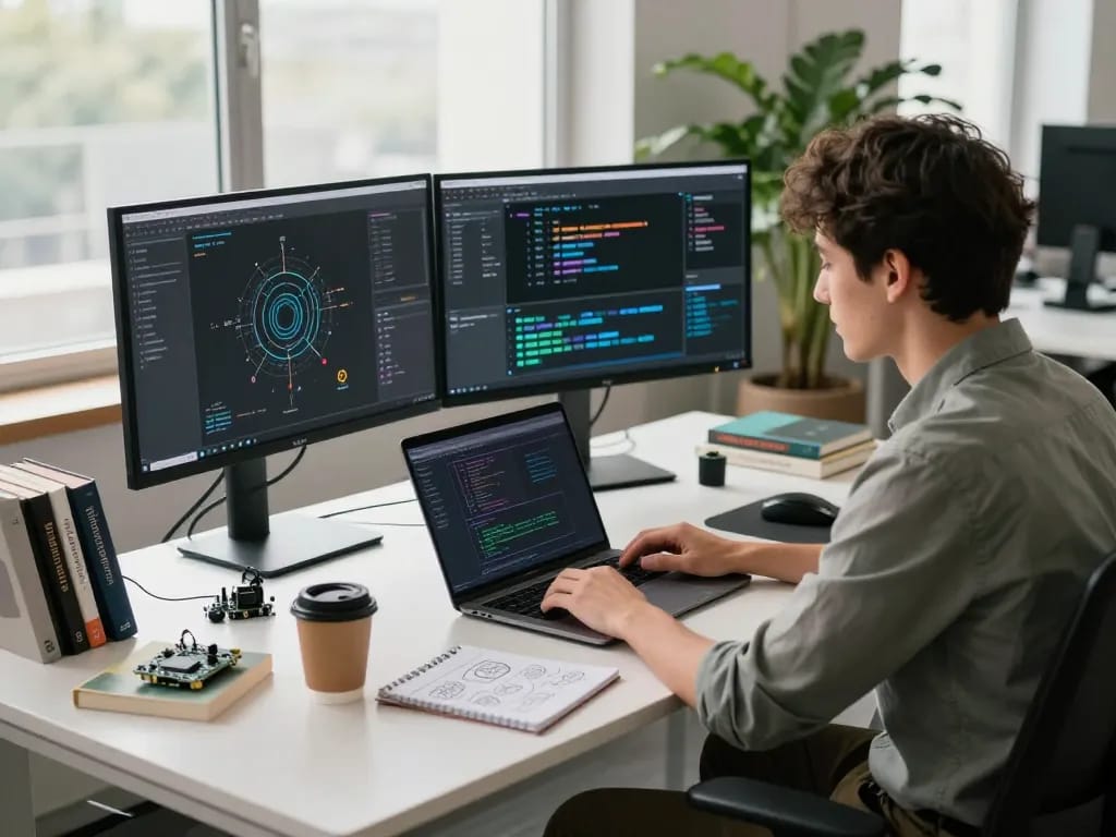 Engaging tech workspace with developer coding on AI project, showcasing juicy ai innovations in a modern environment.