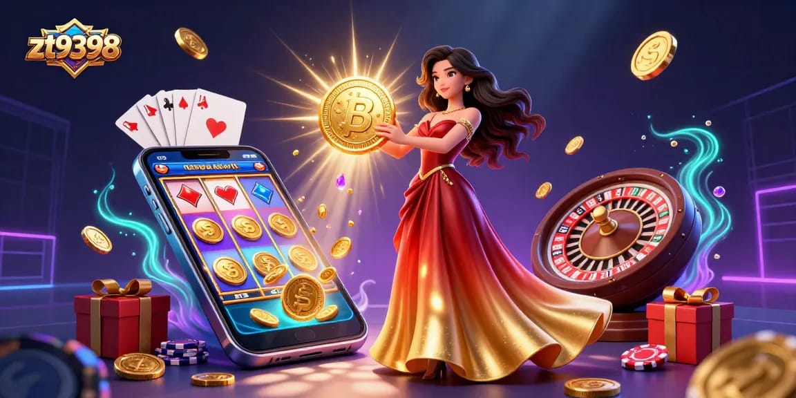 Play and win at zt9398 with a stunning golden coin amidst a colorful casino scene filled with dynamic gaming elements.