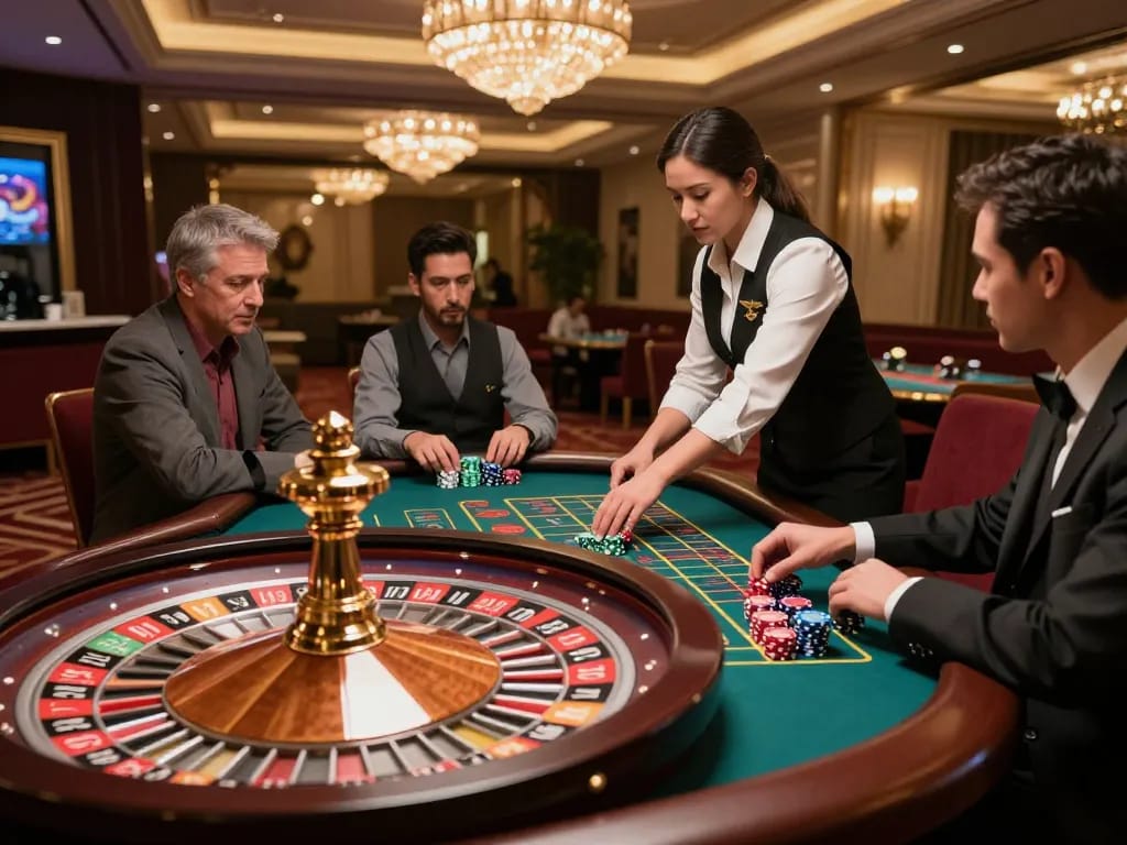 NAGA2000 players excitedly betting at a luxurious roulette table in a sophisticated casino atmosphere.