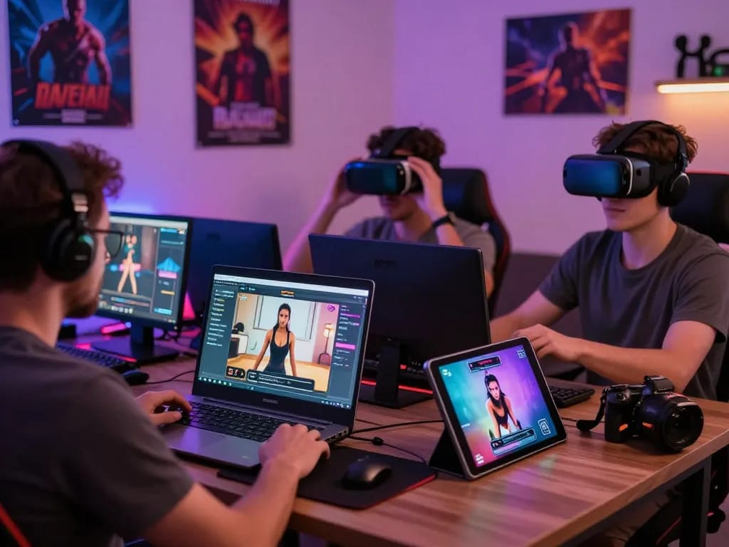 Engaged adults playing interactive porngames across devices in a vibrant gaming setup.
