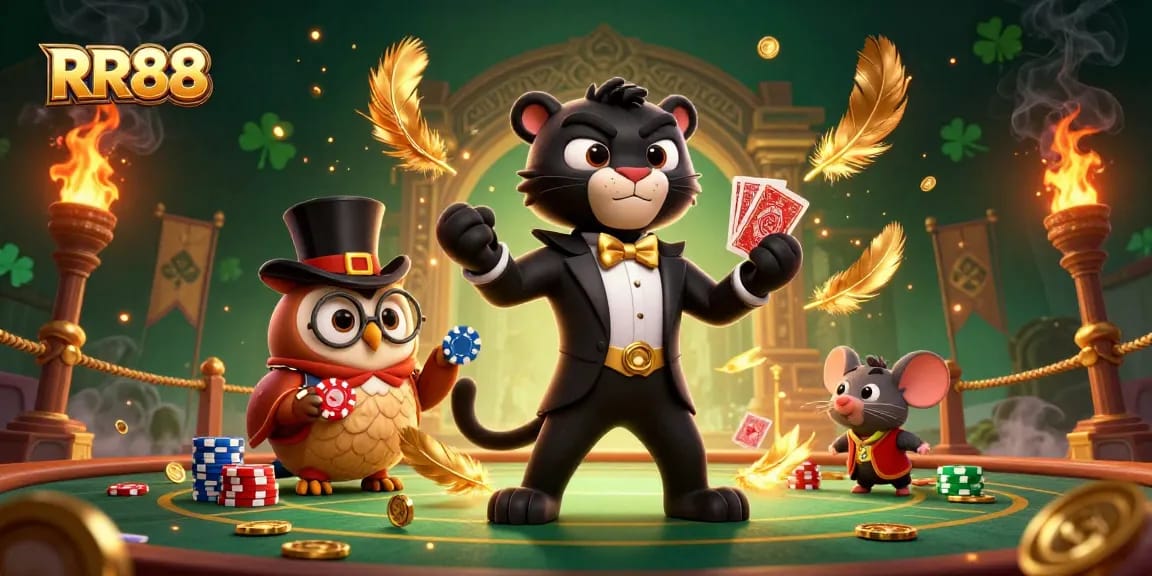 RR88 features a stylish panther dealing cards amid a vibrant casino scene filled with gold coins and fire.