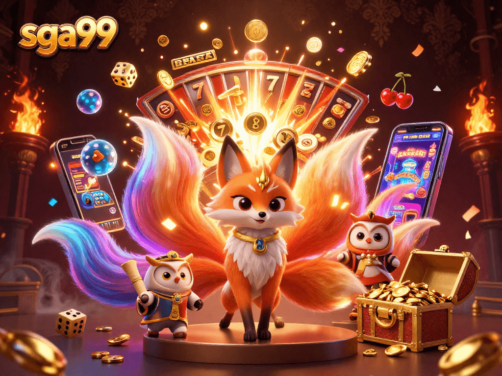 Sga99 players spinning slots and winning, with a fox spirit and wise owl in a vibrant casino scene.