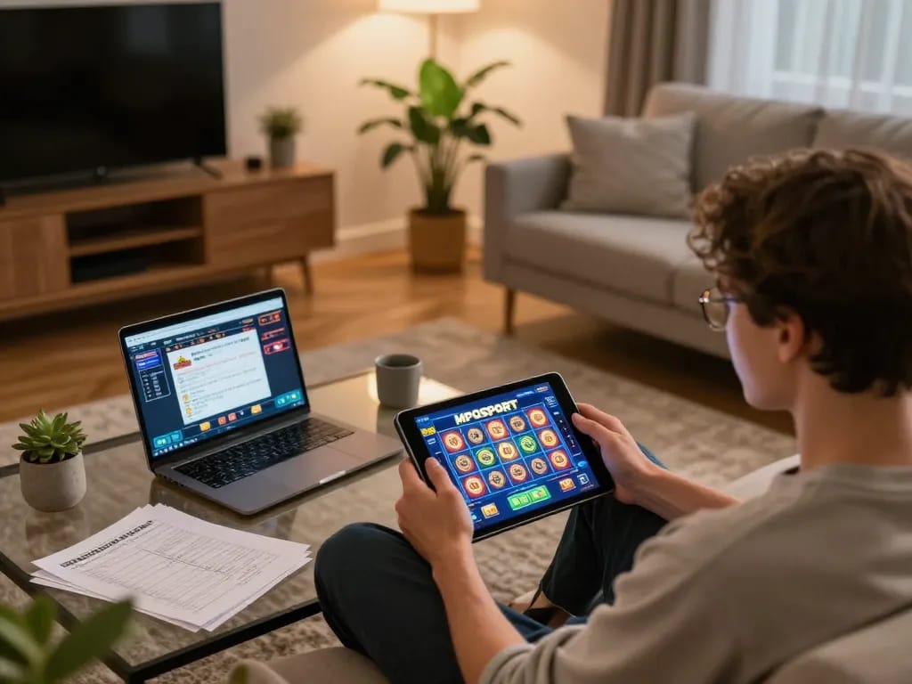 Experience exciting gameplay with MPOSPORT Slot on tonysitaliancuisine in a stylish home gaming setup.
