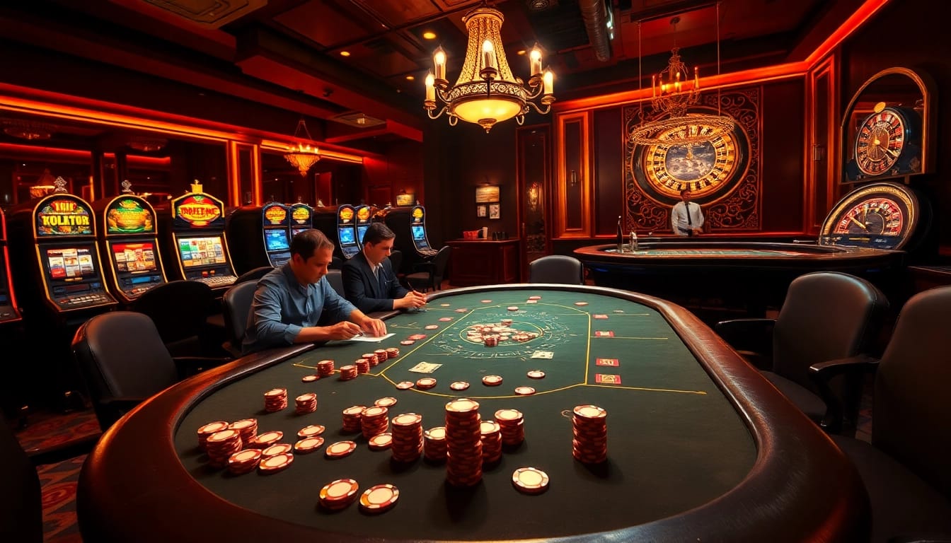 Engaged gamblers enjoying a co88-themed high-stakes poker game in a luxurious casino atmosphere.