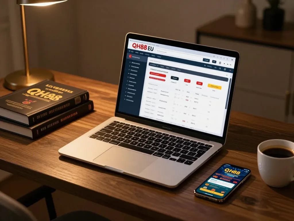 Engaging online gaming experience on QH88 EU with laptop and smartphone set for casino betting.