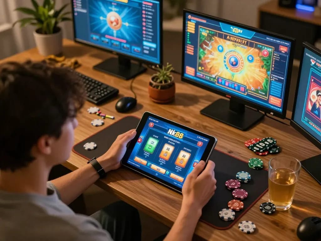 Engaged player celebrating Nk88 win while enjoying online casino games on tablet in a cozy environment