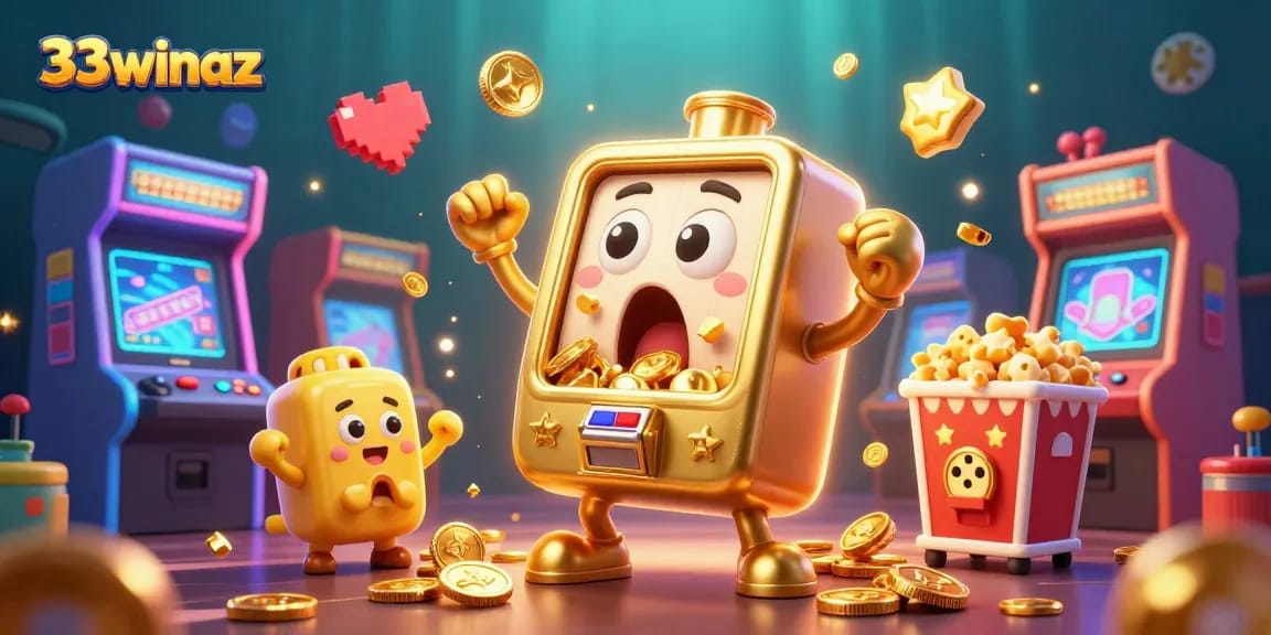 33winaz slot machine explodes with coins, creating excitement in a vibrant casino scene.