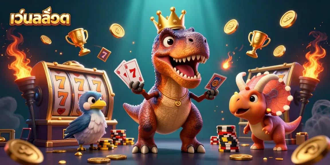 Experience เว็บสล็อต action with a 3D cartoon T-Rex dealing cards and a pterodactyl assistant in a vibrant casino scene.