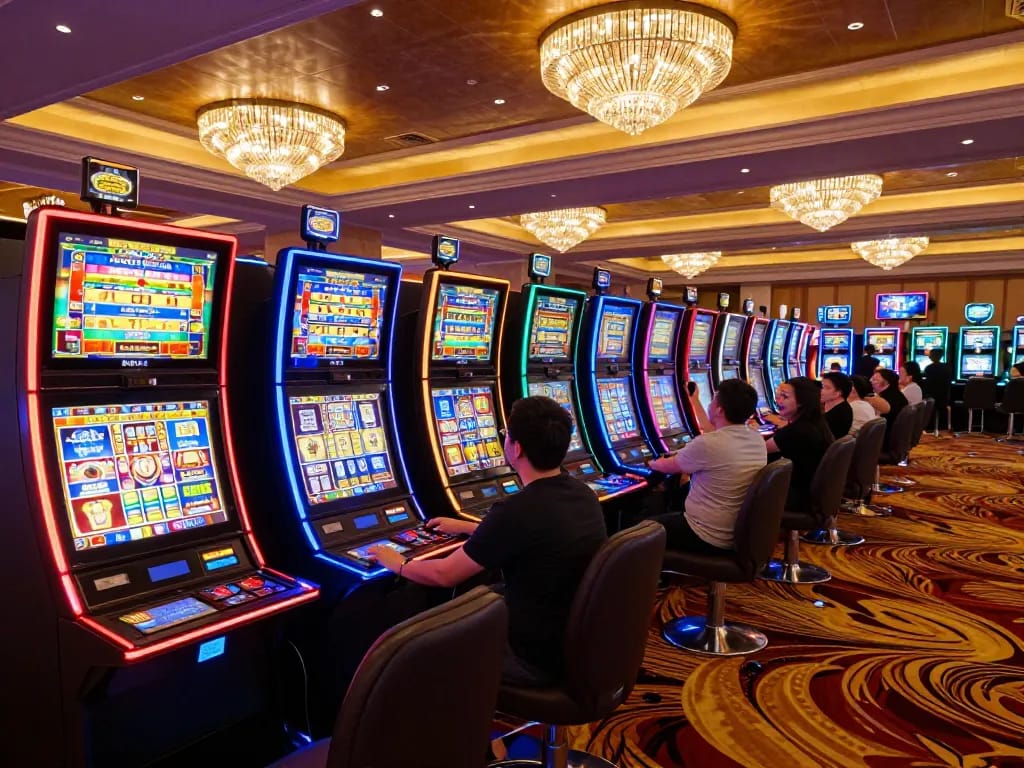 99Win players celebrating wins at vibrant slot machines in a lively casino atmosphere