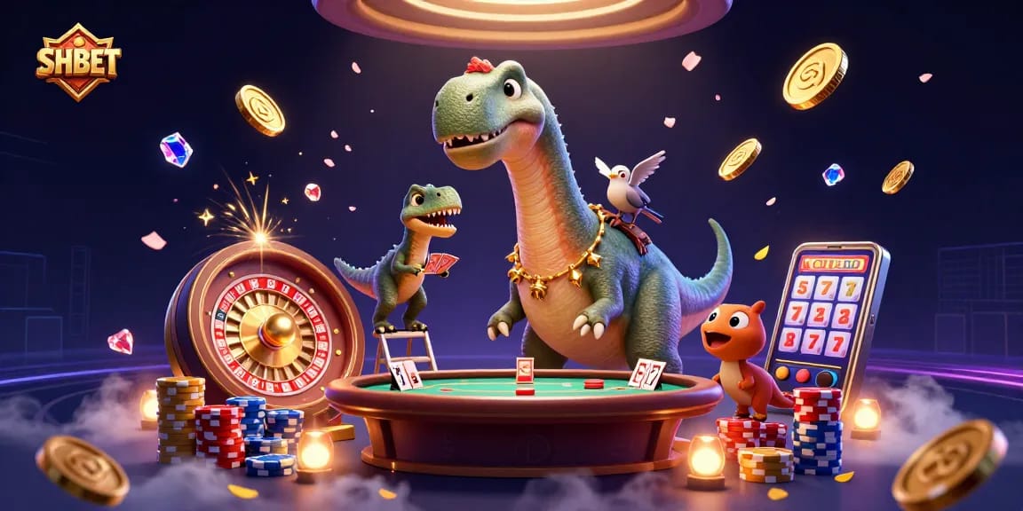 SHBET offers thrilling gaming moments with a tall brontosaurus overseeing a lively casino scene.