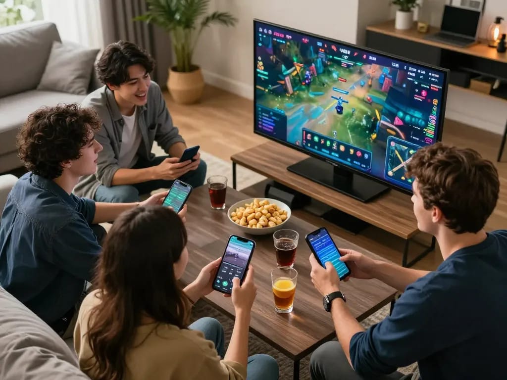 Friends engaged in esports betting excitement while using ytr88 on mobile apps in a cozy living room.