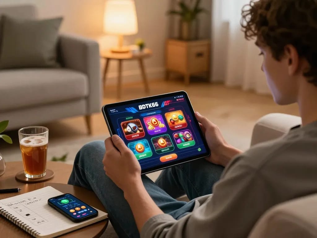 Engaged in bdtk66 online gaming, a player uses a tablet in a cozy living room.