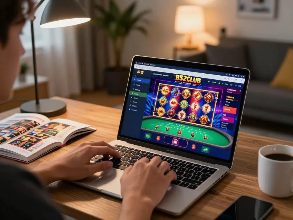 b52club gaming experience with engaging online poker action on a laptop in a cozy setting