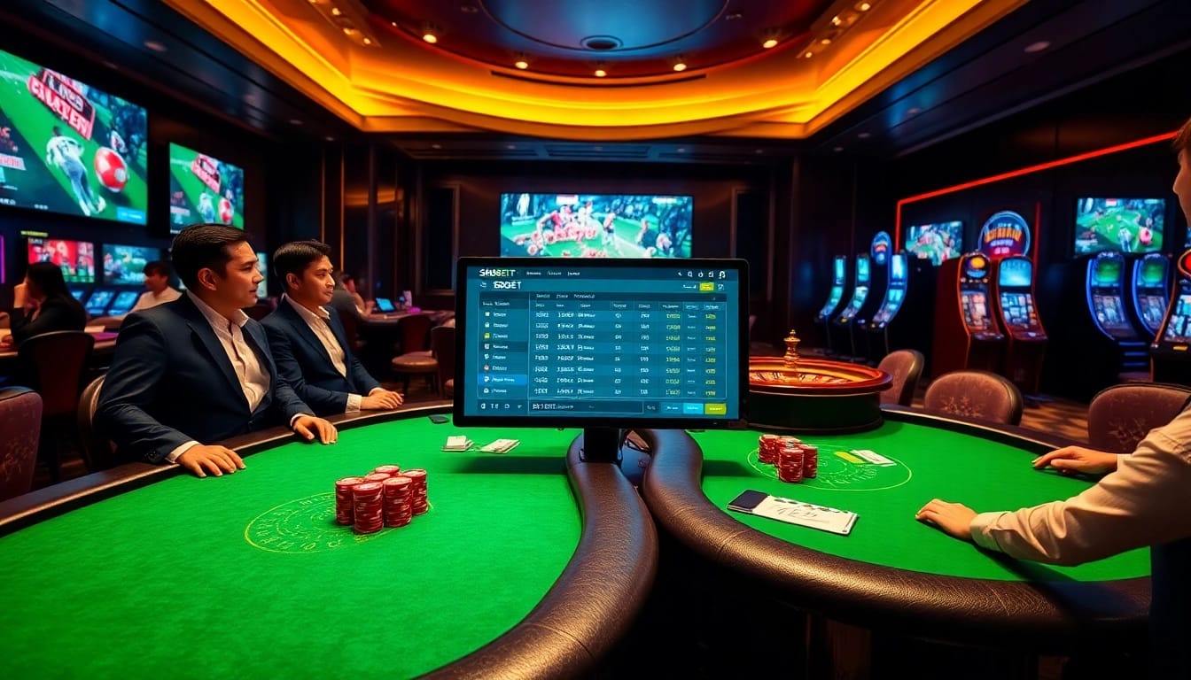 A thrilling Agen Judi Bola betting scene featuring SBOBET betting interface and excited gamblers.