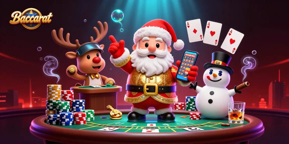 Baccarat table scene featuring characters in casino attire, showcasing engaging gameplay and vibrant atmosphere.