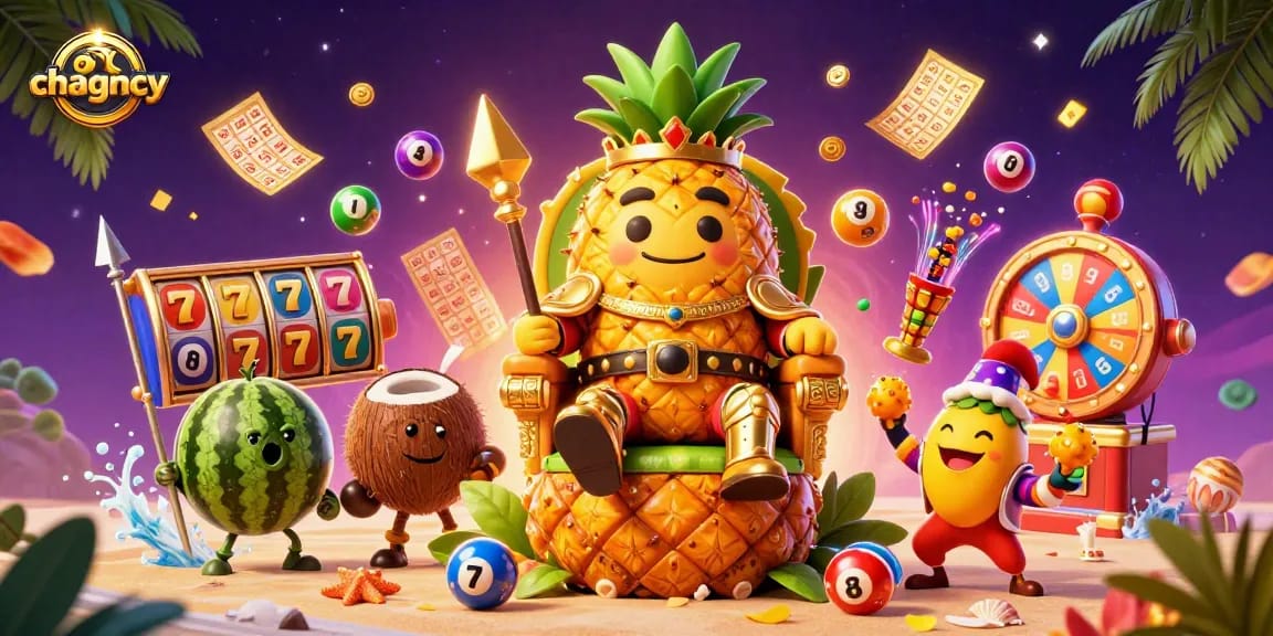 chagency shows a lively beach casino scene featuring a golden pineapple king, coconut bodyguards, and dynamic gambling elements.